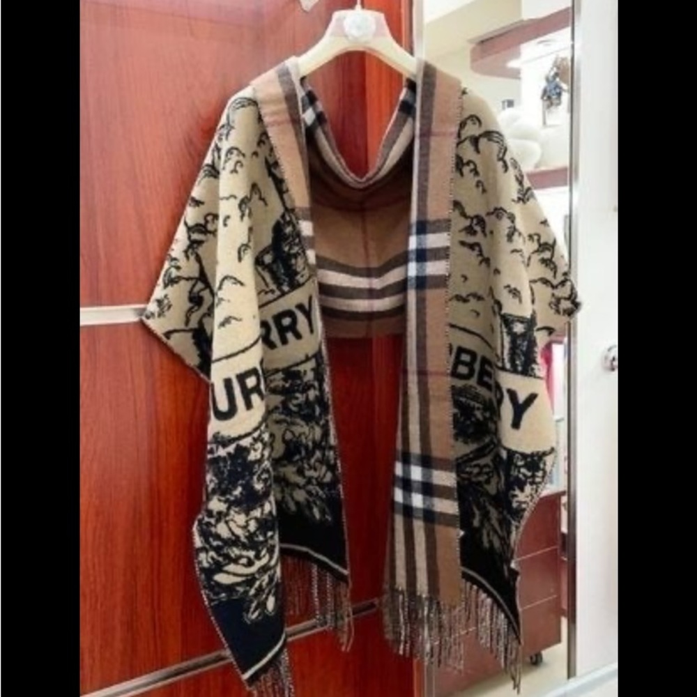 Burberry cashmere jacquard equestrian knight’s reversible shawl.